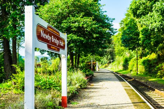 The destination sign for Haverthwaite Station on the Lakeside and Haverthwaite Railway in Cumbria UK