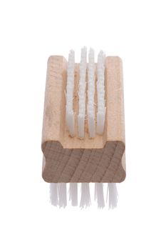 A wooden traditional nail brush end on a white background