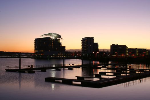 A Cardiff Bay Cardiff Caerdydd Wales UK Dusk Night sunset