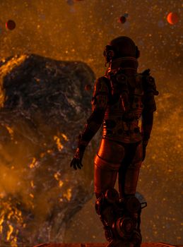 Space traveler watching a meteorite in the deep space - 3d rendering