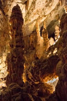 Postojna cave, Slovenia. Formations inside cave with stalactites and stalagmites