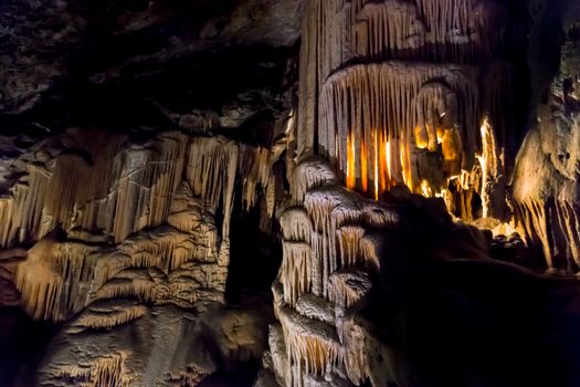 Postojna cave, Slovenia. Formations inside cave with stalactites and stalagmites