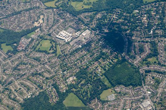 Aerial view of the Princess Royal University Hospital in the London Borough of Bromley.  An NHS hospital, it was originally called the Farnborough Infirmary and was most recently redeveloped in 2003.