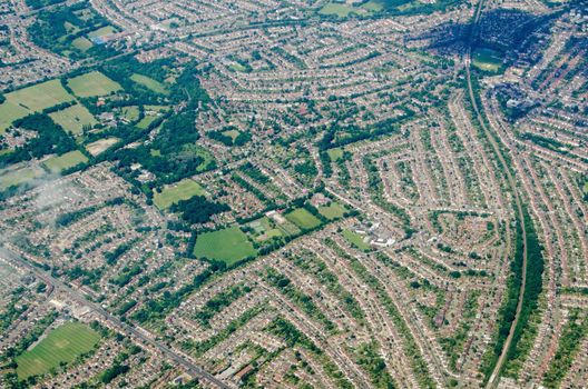 Aerial view of the south London suburb of Worcester Park in the Borough of Sutton.  A mainly residential area, there are many streets of houses.