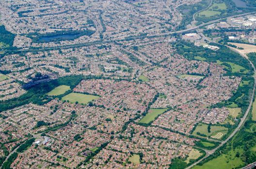 Aerial view of the residential Earley district in Reading, Berkshire.  Viewed on a sunny summer day.  