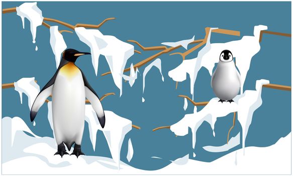 penguins are on tree stems in snow and enjoying