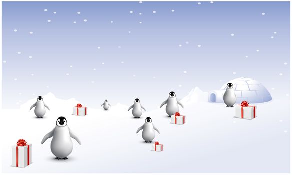 several penguins are in snow with gifts