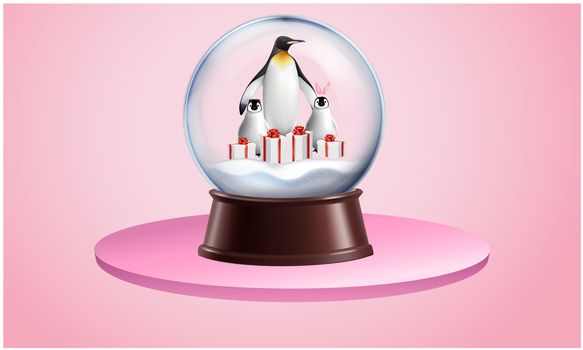 art of penguin family in snow with gifts in a glass ball