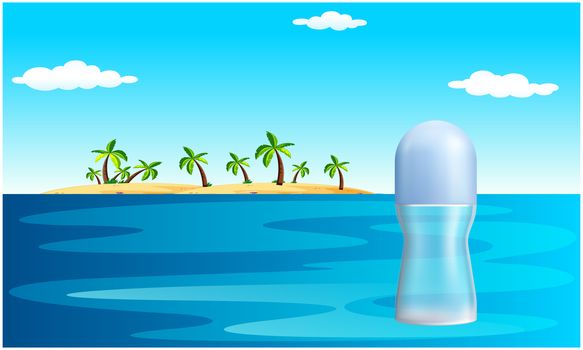 mock up illustration of female perfume on beach water view