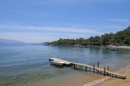 Meditation and fun in nature. Forest and beautiful sea in Mediterranean.