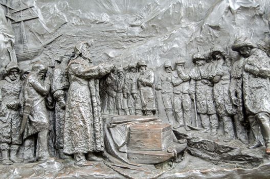 Bronze frieze depicting the heroism of the British Explorer John Franklin who led  series of expeditions across the Arctic in search of the North West Passage.  His final voyage in 1845 using two ships - HMS Erebus and HMS Terror ended in disaster with the death of all the men on board in the North Canadian region of Nunavut. Public monument on display over 100 years.