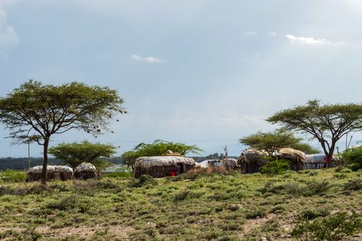 Village of huts at the entrance to Samburu Park in Kenya