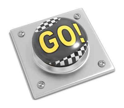 Racing Checkered Flag Button with Yellow Go Text on White Background 3D Illustration