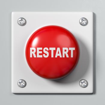 Red Button with Restart Text Against Gray Background 3D Illustration