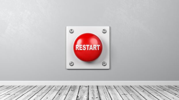 Red Button with Restart Text Against Gray Wall in the Room 3D Illustration