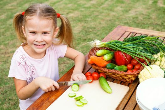 Little girl cutting vegetable for salad. Concept of healthy food. 