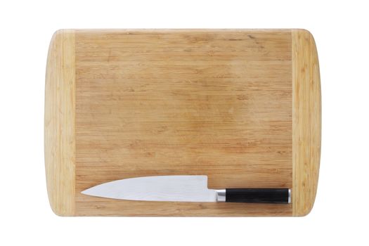 A wood chopping board and Japanese chefs knife isolated on white with clipping path