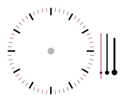 A clock face illustration with hour minute and second hands isolated on white background with clipping path