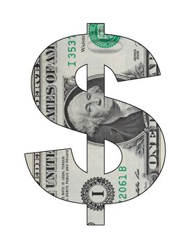 A US Dollar sign showing a section of a one dollar bill with clipping path