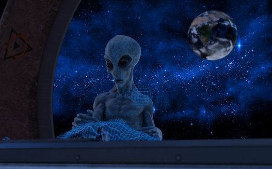 Fantasy alien in a spaceship near earth - 3d rendering