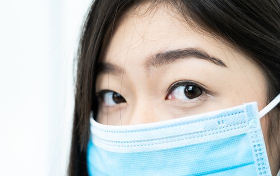 Close up woman with headache wearing  protective mask  for protection against virus Covid-19