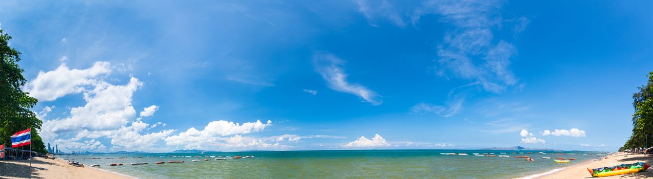 Aerial panoramic view of Pattaya Beach over  tropical water Chonburi, Thailand