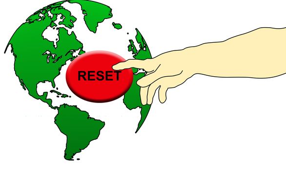 Finger pushing the world reset button, illustration