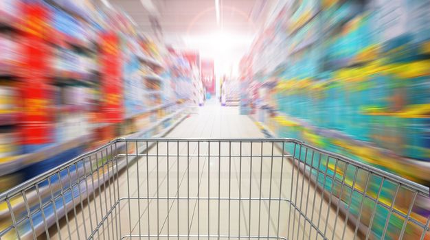 Speeding shopping cart after supermarket promotions, shopping stress