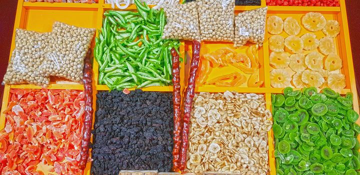 Dried and candy fruits for sale on market