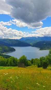 Summer green landscape: lake and mountains