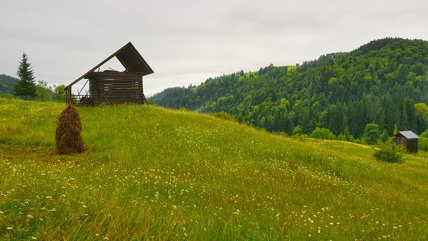 Mountain huts on green hill in summer