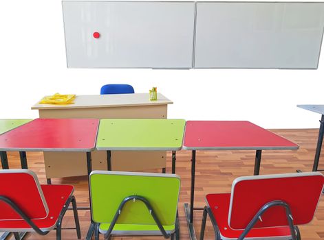 Empty school classroom> teachers desk, pupils tables and seats and wall white board
