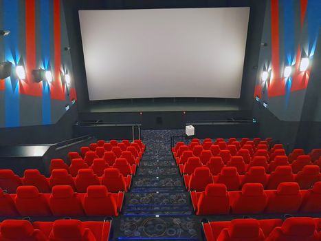Cinema hall with red seats, interior view