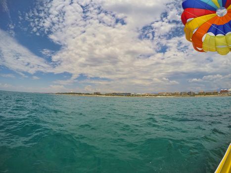 Parasailing boad at mediterranean sea in Antalya, Turkey
