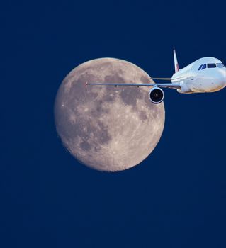 Moon travel concept: flying airplane and the moon behind (all from personal images)
