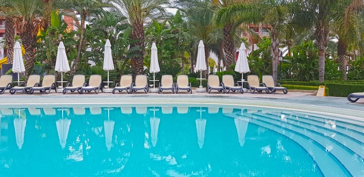Blue swimming pool and chaise longues with umbrellas, palms behind