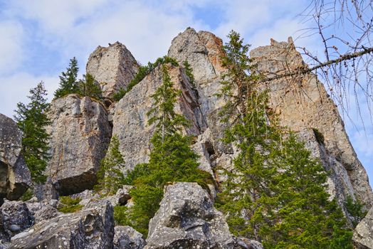 Huge rock mountain in the nature, some trees on the rock