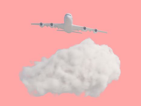 Airplane with cloud on pastel pink background. Travel concept. 3d rendering.