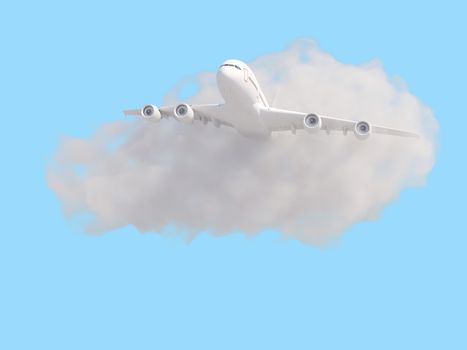 Airplane with cloud on pastel blue background. Travel concept. 3d rendering.