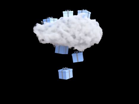 Cloud with gift box rain on black background. Creative idea. Minimal concept. 3d rendering.