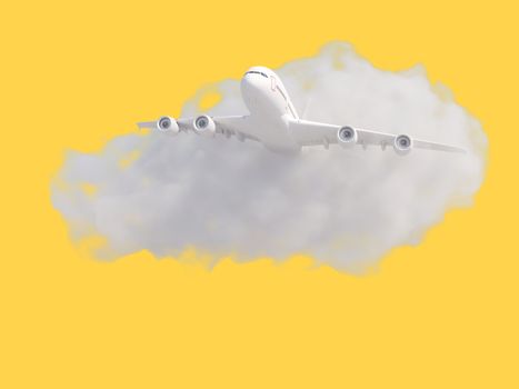 Airplane with cloud on pastel yellow background. Travel concept. 3d rendering.