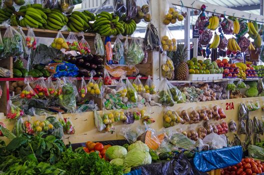 Fresh fruit and vegetables for sale at the covered market in Scarborough, Trinidad and Tobago.