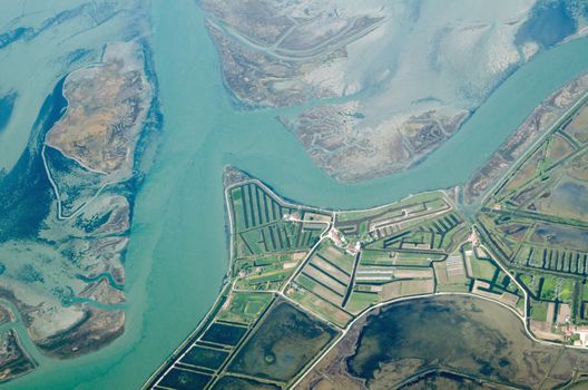 The agricultural area of Lio Piccolo in the north of the Venetian Lagoon, Veneto, Italy.  Viewed from directly above.