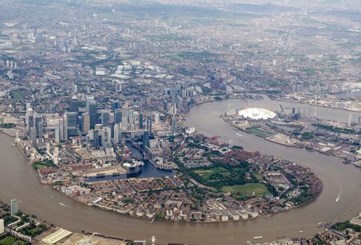 Aerial view of the Isle of Dogs and Canary Wharf development in the East End of London.  