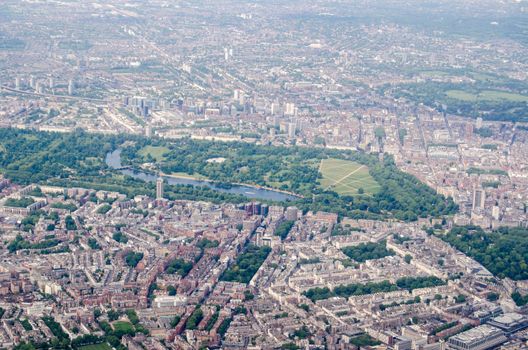 Aerial view looking north across the wealthy areas of Belgravia and Knightsbridge towards Hyde Park and Bayswater in London.  