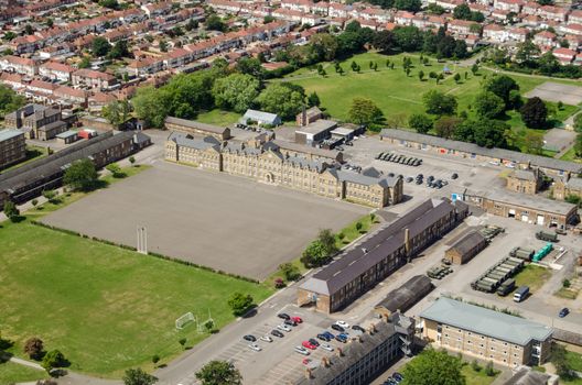 Aerial view of the historic Cavalry Barracks in Hounslow, West London.  Dating from the 18th Century, the current home of the 1st Battalion Irish Guards is due for closure in 2020.  