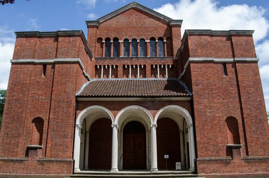 Facade of the Byzantine style Royal Memorial Chapel at Sandhurst Military Academy, Berkshire on a sunny summer day.