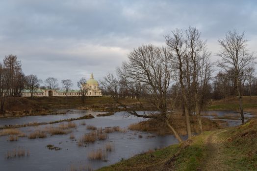 Oranienbaum park view with Grand Menshikov Palace and pond. Oranienbaum (Lomonosov) town, suburban of Saint Petersburg.