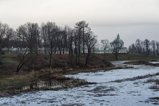 Oranienbaum park view with Grand Menshikov Palace and pond. Oranienbaum (Lomonosov) town, suburban of Saint Petersburg.