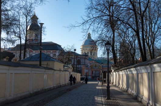 Saint Petersburg, Russia - April 11, 2018: Entrance to Holy Trinity Alexander Nevsky Lavra. Sankt-Peterburg, Russia